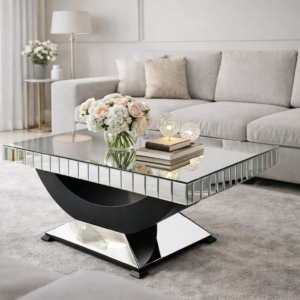 Stolik kawowy z lustrzanym blatem i designerską podstawą
