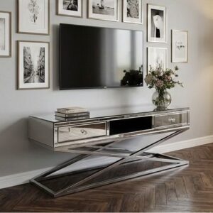 Komoda RTV Glamour 140 cm – lustro & stal nierdzewna